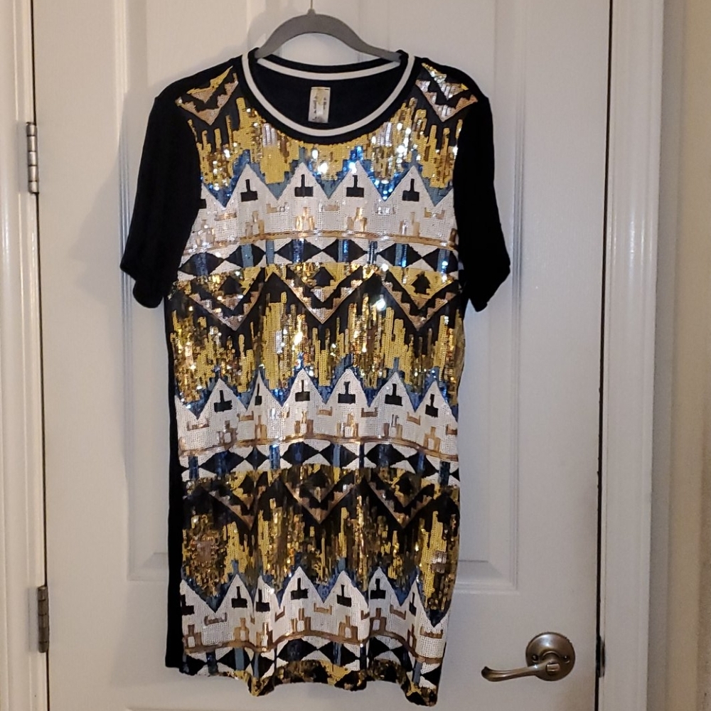 Sequins Tribal Print Shirt Dress